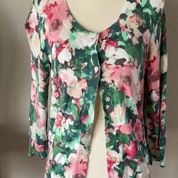 Talbots Water Color Floral Green Pink Cardigan  XS - Picture 2 of 9